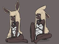 Rule 34 | 1girl, animal ears, between legs, blonde hair, bow, breasts, butterfly sitting, closed mouth, colored skin, hand between legs, hand between thighs, highres, leotard, long hair, looking to the side, mino dev, playboy bunny, rabbit and steel, rabbit ears, rabbit girl, short eyebrows, sitting, small breasts, wariza, yellow eyes