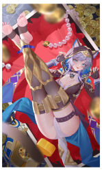 1girl absurdres animal_ears ass black_gloves blue_eyes boots breasts cat_ears cat_girl cat_tail cipher_(honkai:_star_rail) coin comet-c fingerless_gloves gem gloves gold_boots gold_coin grey_hair highres honkai:_star_rail honkai_(series) large_breasts legs_up mole mole_on_breast panties pearl_(gemstone) short_hair_with_long_locks soles solo tail toes tongue tongue_out underwear white_panties
