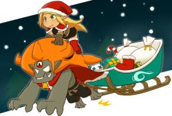 Rule 34 | 1girl, ankama, blonde hair, candy, candy cane, christmas, cra (wakfu), cra f, evangelyne (wakfu), fen (gunpura), food, gift, gunpura, hat, iop (wakfu), iop m, long hair, orange hair, rubilax, sack, santa costume, santa hat, shushu (wakfu), sleigh, tristepin percedal, wakfu