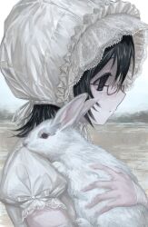 1girl animal black_eyes black_hair bonnet closed_mouth dearhakuto empty_eyes expressionless frilled_bonnet frills from_side glasses highres holding holding_animal looking_ahead original puffy_short_sleeves puffy_sleeves rabbit semi-rimless_eyewear short_hair short_sleeves solo upper_body white_bonnet white_rabbit_(animal)