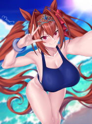 1girl animal_ears antenna_hair bare_shoulders beach blue_one-piece_swimsuit blue_sky blurry blurry_background blush bracelet breasts brown_hair cleavage cloud collarbone daiwa_scarlet_(umamusume) fang hair_between_eyes hair_intakes hand_up hanging_breasts highres horse_ears horse_girl horse_tail huge_breasts jewelry large_breasts leaning_forward long_hair looking_at_viewer mrnn one-piece_swimsuit outdoors outstretched_arm red_eyes shore signature skin_fang sky smile solo swimsuit tail thigh_gap thighs tiara twintails umamusume very_long_hair water