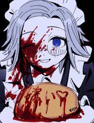1boy aotsuki_eito apron black_background blood blood_on_clothes blood_on_face food food_request glasses maid maid_apron maid_headdress male_focus one_eye_closed open_mouth parted_hair simple_background smile solo solo_focus teeth the_hundred_line_-last_defense_academy- upper_body white_hair