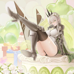 1girl absurdres blush boots box cake female_knight food gift gift_box green_eyes grey_hair highres long_hair looking_at_viewer open_mouth original pointy_ears shiran1024 whipped_cream