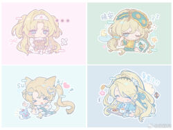 &gt;_&lt; +++ ... 4girls ^_^ animal animal_ears aqua_skirt aqua_sleeves bear black_hairband blonde_hair blue_dress blue_eyes blue_ribbon blue_sash blue_scrunchie blush_stickers border buttons cat_ears cat_girl cat_tail center_frills chibi chinese_commentary chinese_text closed_eyes closed_mouth clothed_animal collared_dress colorful_background commentary_request cropped_legs cross cross_print crossed_bandaids cup dress expressionless eyelashes feather_hair_ornament feathers flower frilled_dress frilled_hairband frilled_shirt frilled_sleeves frills fur_cuffs grey_mittens hair_between_eyes hair_flower hair_ornament hair_ribbon hair_scrunchie hairband hairclip hairpin hat heart heart_hair_ornament high_collar holding holding_animal holding_pillow holding_tray koiliblikas long_dress low_twintails mask mask_on_head mittens mouse_(animal) mug multiple_girls nervous_smile nurse_cap one_eye_closed original outline outstretched_arms oven_mitts pajamas parted_bangs pillow plate pleated_skirt polka_dot polka_dot_skirt polka_dot_sleeves puffy_short_sleeves puffy_sleeves ribbon rubbing_eyes sash scrunchie shirt short_sleeves single_blush_sticker sitting skirt sleep_mask smile sweatdrop swept_bangs tail tea tearing_up translation_request tray twintails two_side_up watermark wavy_hair weibo_watermark white_border white_dress white_flower white_outline white_wrist_cuffs wrist_cuffs yellow_hairband yellow_ribbon yellow_shirt