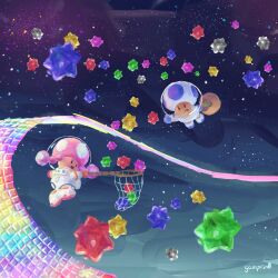 absurdres astronaut floating galaxy gampkin0 highres mario_(series) mario_kart mario_kart_tour mario_kart_wii net nintendo rainbow_road space spacesuit star_(sky) star_bit starry_sky_print super_mario_galaxy toad_(astronaut)_(mario) toad_(mario) toadette toadette_(astronaut)