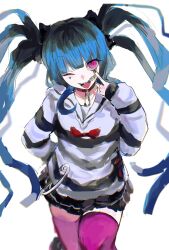 1girl amemiya_darumi arms_behind_back black_bow black_hair black_skirt blue_hair bow collar female_focus finger_to_eye heart long_sleeves looking_at_viewer makeup multicolored_hair one_eye_closed pink_eyes pink_thighhighs pleated_skirt red_bow red_collar runny_makeup safety_pin shirt skirt striped_clothes striped_shirt the_hundred_line_-last_defense_academy- thighhighs twintails white_background y67204593527301