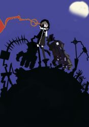Rule 34 | 1girl, black hoodie, black rock shooter, black thighhighs, demon tail, flame print, hood, hoodie, imoriimori, mechanical arms, moon, night, orange eyes, pale skin, short hair, solo, strength (black rock shooter), tail, thighhighs
