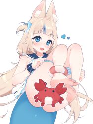 1girl absurdres animal_ear_fluff animal_ears barefoot blonde_hair blue_eyes blue_hair blue_nails blue_streaks cat_ears censored crab fins fish_girl fish_tail frilled_sailor_collar frills highres indie_virtual_youtuber lifebuoy_anklet long_hair low_twintails lucasyecla99 multicolored_hair nail_polish novelty_censor one_side_up panties_around_thighs sailor_collar sameko_saba streaked_hair tail toenail_polish toenails twintails undressing very_long_hair virtual_youtuber