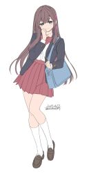 1girl absurdres bag blazer blue_eyes blue_jacket bow braid breasts brown_hair closed_mouth hair_ornament highres jacket kneehighs long_hair long_sleeves looking_at_viewer medium_breasts open_clothes open_jacket original pleated_skirt red_skirt ribbon school_uniform shirt shoes shoulder_bag simple_background skirt smile socks solo unasaka_ryou white_background white_shirt white_socks