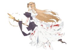 1girl absurdres bang_dream! bang_dream!_it&#039;s_mygo!!!!! blue_eyes breasts brown_hair chinese_commentary closed_mouth commentary_request crown dress elf full_body highres large_breasts long_hair looking_at_viewer nagasaki_soyo nightlemon pointy_ears short_sleeves sidelocks simple_background solo staff very_long_hair white_background white_dress