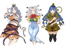 black_thighhighs blue_dress blue_hair brown_shirt brown_shorts chirizuka_ubame crown dress facial_tattoo fossilized_wonders gonglijeongli grey_hair highres holding holding_polearm holding_weapon houjuu_chimi long_hair looking_at_viewer michigami_nareko midriff orange_skirt polearm purple_eyes purple_ribbon ribbon shirt shorts simple_background skirt smile tattoo thighhighs touhou wavy_hair weapon white_background white_hair