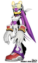 artist_name bandana beak blue_eyes crop_top eyewear_on_head flame_print full_body gemlik_rogue gloves highres jewelry midriff necklace pants print_pants purple_pants red_shoes round_eyewear shirt shoes simple_background sleeveless smile solo sonic_(series) sonic_riders sonic_riders_(series) two-tone_pants watermark wave_the_swallow white_background white_bandana white_gloves white_pants white_shirt