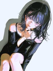 1girl black_eyes black_hair black_nails black_sweater commentary english_commentary hand_up highres john_kafka looking_at_viewer medium_hair mole mole_under_eye nail_polish off-shoulder_sweater off_shoulder original parted_lips shadow solo sweater
