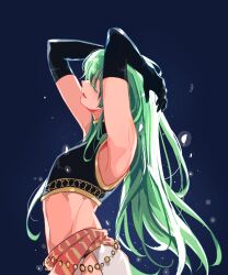 Rule 34 | 1other, androgynous, armpits, arms up, black gloves, blue background, commentary request, crop top, elbow gloves, enkidu (fate), enkidu (talk of the hot sands) (fate), fate/grand order, fate (series), from side, gloves, green hair, head tilt, highres, kassia, korean commentary, long hair, midriff, other focus, side slit, sleeveless, sleeveless turtleneck, solo, turtleneck, very long hair