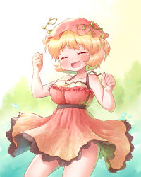 1girl aki_minoriko arinu blonde_hair blush clenched_hands closed_eyes collarbone cowboy_shot dress female_focus hat highres leaf open_mouth plant red_dress red_hat short_hair sleeveless sleeveless_dress smile solo touhou vines wheat_print
