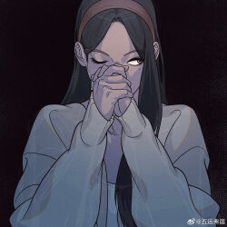 Rule 34 | 1girl, black hair, brown hairband, chinese commentary, commentary, friendly rivalry, hairband, highres, long hair, long sleeves, mole, mole under eye, no5frontiers, one eye closed, own hands together, praying, solo, watermark, weibo watermark, yoo je-i