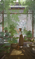 1girl black_eyes black_shoes blunt_bangs brick_wall brown_hair brown_skirt bucket chinese_clothes closed_mouth day flower from_side garden hair_flower hair_ornament hanfu highres holding holding_spoon ibuki_satsuki indoors jiaoling_ruqun long_skirt long_sleeves nature original pillar plant pleated_skirt potted_plant profile purple_flower scenery shirt shoes skirt smile socks solo spoon straight_hair watering white_shirt white_socks wooden_bucket wooden_floor