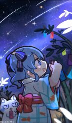 1girl :d bamboo blue_eyes blue_hair cat commentary falling_star hair_ornament highres hololive hoshimachi_suisei japanese_clothes kimono medium_hair name_connection night object_namesake open_mouth outdoors same_anko sky smile solo star_(sky) star_(symbol) star_hair_ornament star_in_eye starry_sky symbol_in_eye tanabata tanzaku virtual_youtuber wide_sleeves