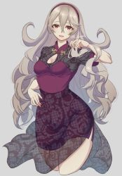 1girl alternate_costume breasts cleavage corrin_(female)_(fire_emblem) corrin_(fire_emblem) dress fire_emblem fire_emblem_fates hair_between_eyes hairband headband highres karashino long_hair looking_at_viewer nail_polish nintendo open_mouth pointy_ears red_eyes red_nails see-through_clothes simple_background smile solo thick_thighs thighs wavy_hair white_hair wide_hips