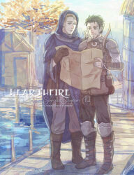 2boys alternate_costume alternate_universe armor arrow_(projectile) artist_name autumn_leaves avengers_(series) black_hair black_pants black_shirt blonde_hair blue_cape blue_eyes boots bow_(weapon) branch bridge brown_boots brown_eyes brown_gloves brown_vest cape cloud cloudy_sky commentary_request day english_text facial_hair fingernails full_body gauntlets gloves grey_armor grey_pants hand_up holding holding_map hood hooded_cape house jo_(artist) knee_armor leaf long_sleeves looking_at_object male_focus map marvel multiple_boys outdoors pants pocket shadow shirt short_hair shoulder_armor sky smile standing steve_rogers teeth tony_stark tree vest water weapon white_shirt wide_sleeves yellow_sky