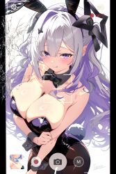 :3 :q amane_kanata amane_konata asymmetrical_bangs bare_shoulders black_bow black_bowtie black_hair black_halo black_leotard black_pantyhose bow bowtie breasts colored_inner_hair commentary_request cracked_screen curio_(curiofinity) detached_collar fake_tail grey_hair hair_over_one_eye halo highleg highleg_leotard highres holding_own_arm hololive large_breasts leotard long_hair looking_at_viewer multicolored_hair pantyhose partial_commentary playboy_bunny purple_eyes purple_hair rabbit_tail simple_background single_hair_intake star_halo strapless strapless_leotard streaked_hair tail tongue tongue_out traditional_bowtie two_side_up viewfinder white_background wrist_cuffs