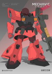 Rule 34 | artstation logo, character name, clenched hand, commission, deviantart logo, dom trooper, facebook logo, fusion, gun, gundam, gundam seed, gundam seed destiny, harryych, helmet, highres, holding, holding gun, holding weapon, magazine (weapon), mecha, no humans, one-eyed, pixiv logo, red eyes, red soldier (tf2), robot, science fiction, shadow, soldier (tf2), solo, team fortress 2, twitter logo, twitter username, weapon