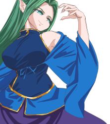 1girl aqua_eyes arm_up armpits blue_ribbon blue_sleeves blue_vest breasts closed_mouth curtained_hair detached_sleeves fingernails green_hair high_collar long_hair medium_breasts mima_(touhou) no_headwear pointy_ears purple_skirt ribbon s-a-murai sharp_fingernails skirt sleeveless_vest smile solo touhou touhou_(pc-98) vest waist_ribbon white_background wide_sleeves yellow_trim