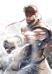 1boy beard belt black_belt brown_hair dougi facial_hair headband hinoru_saikusa long_hair male_focus muscular muscular_male pants punching red_headband ryu_(street_fighter) solo street_fighter street_fighter_6 very_long_hair white_pants