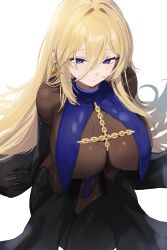 1girl absurdres black_gloves blonde_hair blue_eyes blush bodysuit breast_curtains chain earrings elbow_gloves gloves hair_between_eyes highres jewelry krabking long_hair long_hair_between_eyes original simple_background smile solo very_long_hair white_background