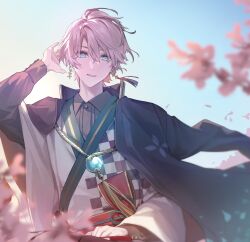 1boy aqua_eyes arm_up black_shirt brown_hair clothes_on_shoulders collared_shirt earrings hair_between_eyes highres hitomyan japanese_clothes jewelry kaida_haru kaida_haru_(1st_costume) kimono male_focus nijisanji parted_lips shirt shirt_under_kimono short_hair solo tassel tassel_earrings upper_body virtual_youtuber