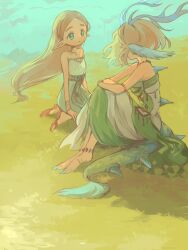 2girls armlet barefoot blonde_hair bracelet dragon_girl dragon_horns dragon_tail dress dual_persona green_eyes highres horns jewelry light_dragon_(zelda) long_hair long_tail looking_at_another looking_at_viewer multiple_girls myon_(myonninn) necklace nintendo pointy_ears princess_zelda sandals short_hair sitting spines strapless strapless_dress tail the_legend_of_zelda the_legend_of_zelda:_breath_of_the_wild the_legend_of_zelda:_tears_of_the_kingdom very_long_ears very_long_hair white_dress