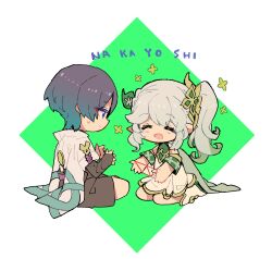 1boy 1girl 310_ill armlet armor black_bridal_gauntlets black_hair black_shorts blunt_ends bridal_gauntlets cape cat&#039;s_cradle closed_eyes closed_mouth detached_sleeves dress eyelashes eyeliner eyeshadow facing_another full_body furisode genshin_impact gold gold_trim green_cape green_hair green_sleeves hair_ornament hands_up highres indian_style japanese_armor japanese_clothes jewelry kimono kote kurokote leaf leaf_hair_ornament light_blush long_hair looking_at_another makeup nahida_(genshin_impact) open_hands open_mouth pointy_ears purple_eyes purple_rope red_eyeliner red_eyeshadow romaji_text rope scaramouche_(genshin_impact) seiza shoes short_sleeves shorts side_ponytail sidelocks simple_background sitting sweatdrop teeth tsurime upper_teeth_only wanderer_(genshin_impact) white_dress white_hair white_kimono white_shoes white_sleeves