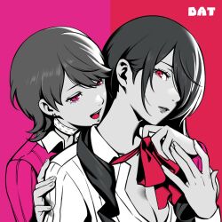 2girls bow bowtie choker da-cart earrings grey_hair hair_over_one_eye hand_on_another&#039;s_hand hand_on_another&#039;s_neck head_on_another&#039;s_shoulder highres hug jewelry kirijou_mitsuru long_hair long_sleeves multiple_girls persona persona_3 pink_background pink_sweater red_background red_eyes simple_background stud_earrings sweater takeba_yukari two-tone_background upper_body yuri