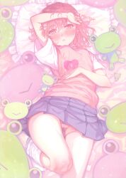 1girl 2024 20s :&lt; absurdres bare_legs bed_sheet blush breasts brown_eyes brown_hair brown_sweater_vest candy chocolate chocolate_heart collared_shirt embarrassed food gekota gluteal_fold grey_skirt head_on_pillow heart highres indoors isshi_pyuma looking_at_viewer loose_socks lying matching_hair/eyes miniskirt misaka_mikoto on_back pillow pleated_skirt scan school_uniform shirt short_hair shorts shorts_under_skirt skirt small_breasts socks solo stuffed_animal stuffed_toy summer_uniform sweater_vest thick_thighs thighs toaru_kagaku_no_railgun toaru_majutsu_no_index tokiwadai_school_uniform upskirt valentine white_shirt white_socks wide_hips