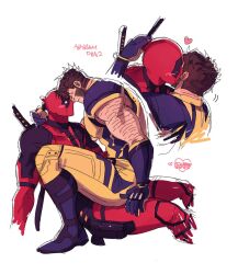 2boys arm_hair bara beard blush bodysuit boots brown_hair closed_eyes closed_mouth commentary_request deadpool deadpool_&amp;_wolverine deadpool_(series) facial_hair gloves hand_on_another&#039;s_head heart katana kiss kissing_cheek large_pectorals male_focus marvel marvel_cinematic_universe multiple_boys muscular muscular_male pectorals ppoooooolvrmm red_bodysuit short_hair sitting sitting_on_person sleeveless straddling superhero_costume sweatdrop sword sword_on_back two-tone_bodysuit weapon weapon_on_back wolverine_(x-men) x-men yaoi yellow_bodysuit