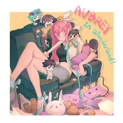 2girls 4boys ^_^ alternate_footwear antenna_hair aqua_bow arm_rest aubrey_(faraway)_(omori) aubrey_(omori) bare_legs baseball_bat basil_(headspace)_(omori) basil_(omori) black_tank_top bow bow_hairband breasts brother_and_sister brothers camera character_doll character_name chibi_on_shoulder chinese_commentary closed_eyes closed_mouth colored_eyelashes commentary_request couch crossed_legs crown denim denim_skirt doll double-parted_bangs drop_shadow english_text foot_out_of_frame footwear_bow forest_bunny_(omori) grey_skirt grin hair_between_eyes hairband hero_(headspace)_(omori) hero_(omori) high_heels highres holding holding_baseball_bat holding_camera jacket kel_(headspace)_(omori) kel_(omori) knee_up long_hair looking_at_viewer mari_(headspace)_(omori) mari_(omori) medium_breasts midriff mini_crown miniskirt mixtape_(omori) mr._plantegg_(omori) multiple_boys multiple_girls neishei547 omori omori_(omori) on_couch open_clothes open_jacket picnic_blanket pink_bow pink_hair sailor_collar shark_plane_(omori) shoes short_sleeves siblings simple_background sitting skirt smile solo_focus something_(omori) sprout_mole star_(symbol) straight_hair tank_top very_long_hair watermark watermark_grid white_bow white_hairband white_jacket white_shoes yellow_background yellow_sailor_collar