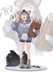 1girl absurdres animal_ear_hood animal_hood animal_slippers bandaid_on_thigh black_shorts brown_socks character_request commentary copyright_request cross-laced_clothes cross-laced_sleeves double_bun drawstring dualsense fake_animal_ears full_body green_eyes grey_slippers grey_sweater hair_bun hair_ornament hairclip hand_up highres holding holding_pillow holding_plant hood hood_up hooded_sweater koala long_sleeves looking_at_viewer loose_socks nintendo_switch one_eye_closed open_mouth pillow pink_scrunchie plant plant_request playstation_controller pom_pom_(clothes) pom_pom_drawstring puffy_long_sleeves puffy_sleeves scrunchie short_eyebrows short_hair short_shorts shorts siro_o77 sleepy slippers socks solo squeans standing straight-on stretching sweater swept_bangs tearing_up thick_eyebrows tied_drawstring trash_bag white_background wrist_scrunchie yawning zoom_layer