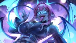 1girl absurdres ahoge black_bustier black_sleeves blue_skin breast_zipper breasts cleavage colored_skin commentary commission demon_horns demon_tail demon_wings detached_sleeves english_commentary fangs highres horns hornyyoyi_(vtuber) indie_virtual_youtuber large_breasts light_particles long_hair looking_at_viewer looking_down numanoan pink_hair pointy_ears purple_background semi-rimless_eyewear sidelocks solo tail teeth three-finger_salute tongue tongue_out upper_body upper_teeth_only wings zipper_pull_tab