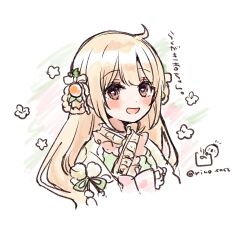 Rule 34 | 1girl, :d, blonde hair, blush, bow, braid, brown eyes, commentary request, cropped torso, futaba anzu, hair rings, idolmaster, idolmaster cinderella girls, idolmaster cinderella girls starlight stage, japanese clothes, kimono, long hair, looking at viewer, open mouth, pink bow, rino cnc, smile, solo, translation request, twin braids, twitter username, upper body