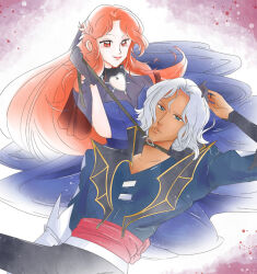 Rule 34 | 1990s (style), 1girl, bishoujo senshi sailor moon, castlevania (netflix), castlevania (series), dark-skinned male, dark skin, drawfee, fangs, faux retro artstyle, hector (castlevania), holding, holding leash, karina farek, leash, lenore (castlevania), long hair, parody, red eyes, retro artstyle, smile, style parody, takeuchi naoko (style), vampire, white hair