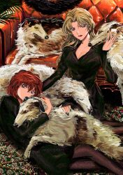 2girls absurdres animal black_dress black_nails black_pantyhose blonde_hair blue_eyes borzoi breasts brown_hair cleavage couch dog dress earrings highres holding holding_animal jewelry looking_at_viewer meitantei_conan miyano_shiho multiple_girls nail_polish pantyhose red_lips segami vermouth_(meitantei_conan)