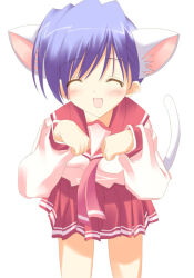 Rule 34 | 1girl, 2000s (style), :d, ^ ^, animal ears, bad id, bent over, blue hair, cat ears, cat girl, cat tail, closed eyes, extra ears, hands up, himeyuri sango, kemonomimi mode, kisaki yuu, legs apart, long sleeves, miniskirt, open mouth, pleated skirt, red sailor collar, red skirt, sailor collar, school uniform, serafuku, shirt, short hair, simple background, skirt, smile, solo, standing, tail, tail raised, to heart (series), to heart 2, white background, white shirt, white tail