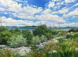 blue_sky boat bush cloud cloudy_sky commentary day english_commentary florida_(location) flower highres kate_avery no_humans oil_painting_(medium) original outdoors painting_(medium) pier plant purple_flower scenery sky traditional_media water watercraft