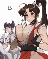 ... 2girls bare_shoulders between_breasts black_hair black_sash blush bottle bracelet breasts breasts_squeezed_together brown_eyes brown_hair choker cleavage commentary_request fatal_fury hair_horns hair_ornament han_juri high_ponytail highres holding holding_bottle jewelry large_breasts long_hair looking_at_another motoyui multiple_girls ninja parted_bangs parted_lips ponytail revealing_clothes sash shiranui_mai simple_background spiked_bracelet spiked_choker spikes spoken_ellipsis street_fighter street_fighter_6 trnnmnm4 upper_body water_bottle white_background