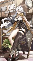1girl absurdres asymmetrical_gloves bird bird_on_hand black_gloves black_shorts black_thighhighs boots breasts closed_mouth collar colored_shoe_soles commentary_request elbow_gloves fingerless_gloves full_body gloves grey_hair hair_ornament high-waist_shorts highres jacket large_breasts long_hair looking_at_viewer my_neighbor_totoro_yerby partial_commentary shirt shorts single_elbow_glove single_thighhigh solo thigh_strap thighhighs thighs uneven_gloves very_long_hair white_boots white_collar white_shirt yellow_jacket yi_xuan_(zenless_zone_zero) zenless_zone_zero
