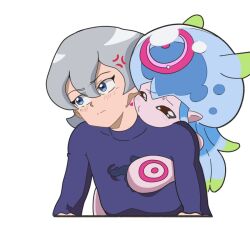 Rule 34 | anger vein, annoyed, blue eyes, blush, couple, dan de lion, digimon, digimon (creature), digimon ghost game, heart, higashimitarai kiyoshiro, imminent penetration, jellyfish girl, jellymon, kiss, monster girl, short hair, simple background, tentacle hair, tentacles, white background, white hair