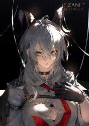 1girl arm_pouch artist_name black_background black_choker black_gloves black_horns black_jacket black_pouch breasts button_gap character_name chest_harness choker closed_mouth clothes_grab collared_shirt commentary curled_horns english_commentary gloves harness highres horns jacket jacket_on_shoulders large_breasts lewdlily66 long_hair looking_at_viewer necktie necktie_grab neckwear_grab red_necktie shirt solo upper_body white_hair white_shirt wuthering_waves yellow_eyes zani_(wuthering_waves)