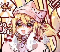 1girl animal_collar animal_hands animal_hat bilibili_385617619 blonde_hair blush bow cat_hair_ornament cat_hat cat_paws chinese_commentary coat collar commentary_request facing_viewer fins fish_tail fur_trim hair_between_eyes hair_bow hair_ornament hands_up hat heterochromia indie_virtual_youtuber kaofish long_bangs long_sleeves looking_at_viewer name_tag nightcap open_mouth pink_coat red_eyes shark_tail shiny_eyes sleeves_past_wrists smile solo tail teeth upper_teeth_only yellow_eyes