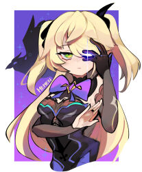 1girl bare_shoulders bird blonde_hair bow breasts chuunibyou covering_one_eye crow eyepatch fischl_(genshin_impact) genshin_impact gloves green_eyes hair_ribbon highres long_hair looking_at_viewer memeh oz_(genshin_impact) ribbon single_glove two_side_up upper_body