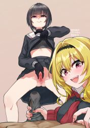 1boy 2girls :d black_eyes black_gloves black_hair black_hairband black_serafuku black_skirt blonde_hair blur_censor bra brown_background censored closed_mouth commentary_request dated gloves gluteal_fold gojarun grey_bra grey_panties hairband handjob highres idolmaster idolmaster_cinderella_girls kurosaki_chitose looking_at_viewer medium_hair multiple_girls neckerchief open_mouth panties penis pink_eyes pov pussy red_neckerchief school_uniform serafuku shirayuki_chiyo short_hair simple_background skirt smile spread_pussy spreading_own_pussy teeth twintails underwear upper_teeth_only